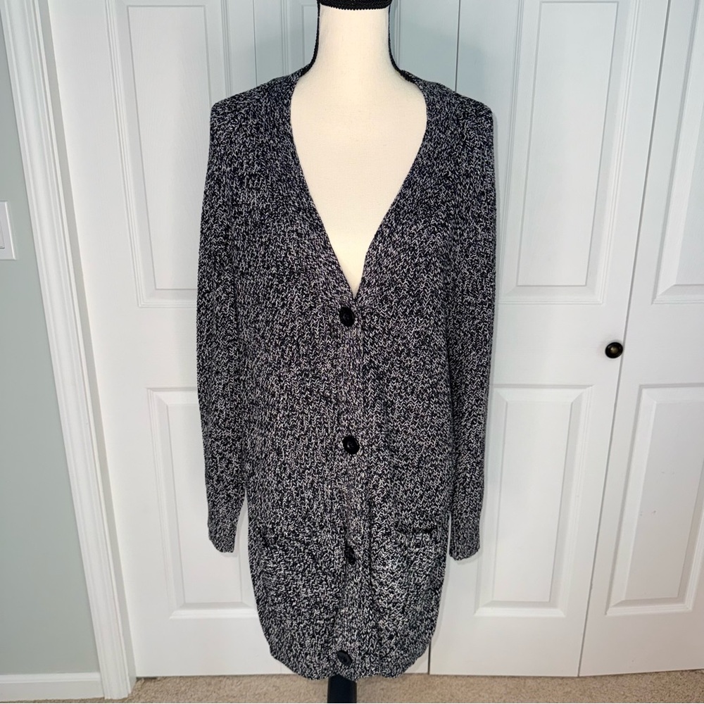 Woman Within Black White Marl knit long open front Cardigan Sweater 14/16 M plus